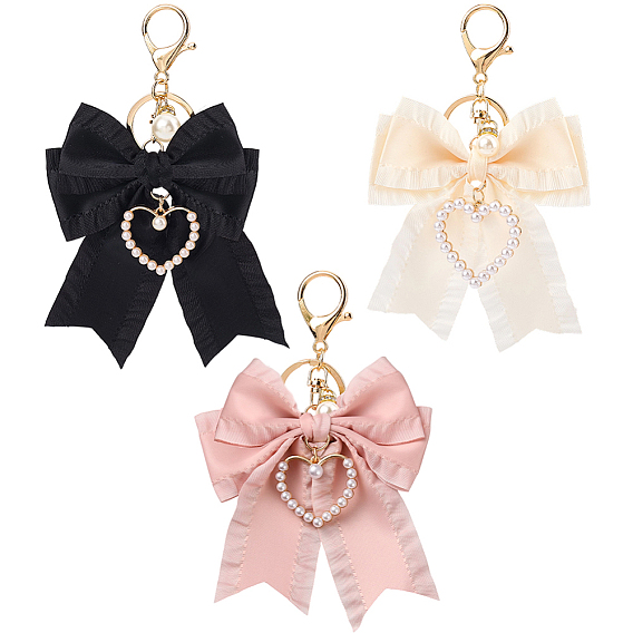 3шт 3 стили сплав брелок, с бантом из полиэстера и пластиковыми бусинами, имитирующими жемчуг