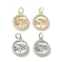 Brass Micro Pave Cubic Zirconia Pendants, with Shell, Flat Round with Tree