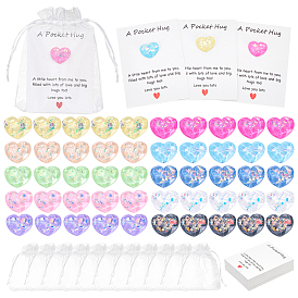 50 piezas 10 colores corazón translúcido ondas de agua cabujones de resina, 50 piezas de tarjetas de exhibición de joyería de papel, 3hojas de pegatinas de plástico, 50 bolsas de regalo de organza