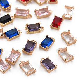 Glass Charms, with Light Gold Tone Brass Findings, Long-Lasting Plated, Faceted, Rectangle