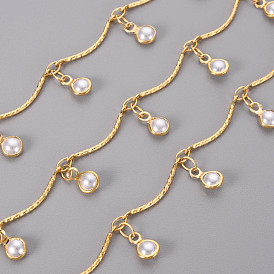 Handmade Brass Bar Link Chains, with ABS Plastic Imitation Pearl Beads, Soldered, Spool, Teardrop