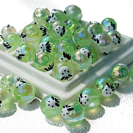 Handmade Luminous Acrylic Beads, Hand Drawn Beads, Round with Dog Pattern, Glow in the Dark Beads