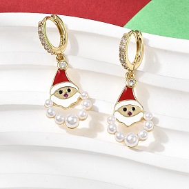 Серьги-кольца Санта-Клауса из латуни с микропаве из кубических цирконий, с АБС-пластиком, перламутром и эмалью, стойки покрытие, долговечный, без кадмия и без свинца