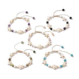 Bracelets de perles tressés en pierres précieuses rondes et perles de coquillage de s mm, Bracelets réglables en turquoise synthétique, tortue de plage et étoile de mer, pour femmes et hommes