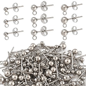 100 шт. 3 стили, оригинальный цвет 304 фурнитура для сережек-гвоздиков с шариками из нержавеющей стали, с петлей, с 150шт. фрикционных гаек-ушей из нержавеющей стали, устойчивых к потускнению