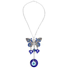 Handmade Lampwork Turkish Evil Eyes Pendant Decorations, Alloy Butterfly Hanging Ornaments