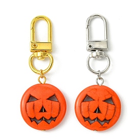 2Pcs 2 Colors Halloween Synthetic Turquoise Pumpkin Pendant Decorations, Alloy Swivel Clasps Charms for Bag Ornaments