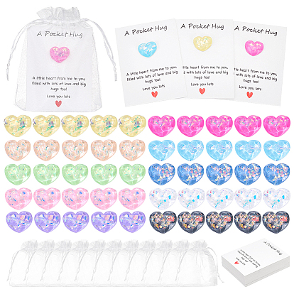 50 piezas 10 colores corazón translúcido ondas de agua cabujones de resina, 50 piezas de tarjetas de exhibición de joyería de papel, 3hojas de pegatinas de plástico, 50 bolsas de regalo de organza
