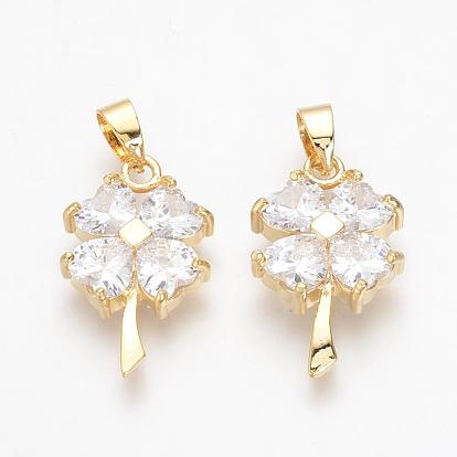 Brass Cubic Zirconia Pendants, Clover, Nickel Free