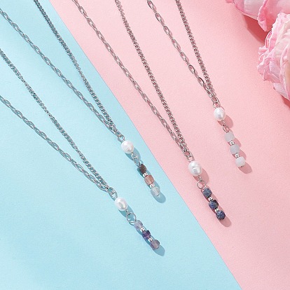 Подвеска из натуральных и синтетических камней, граненых кубов и риса, с бусинами из натурального жемчуга 304 ожерелья из витой цепи из нержавеющей стали, цвет нержавеющей стали