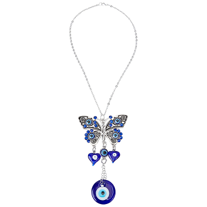 Handmade Lampwork Turkish Evil Eyes Pendant Decorations, Alloy Butterfly Hanging Ornaments