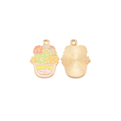 Light Gold Plated Alloy Pendants, with Enamel, Potted Plant with Bear