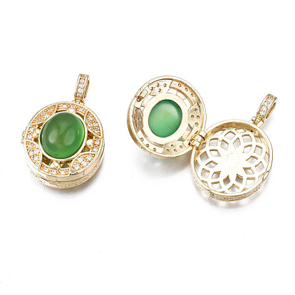 Brass Micro Pave Clear Cubic Zirconia Locket Pendants, with Green Glass Imitation Cat Eye, Hollow Oval