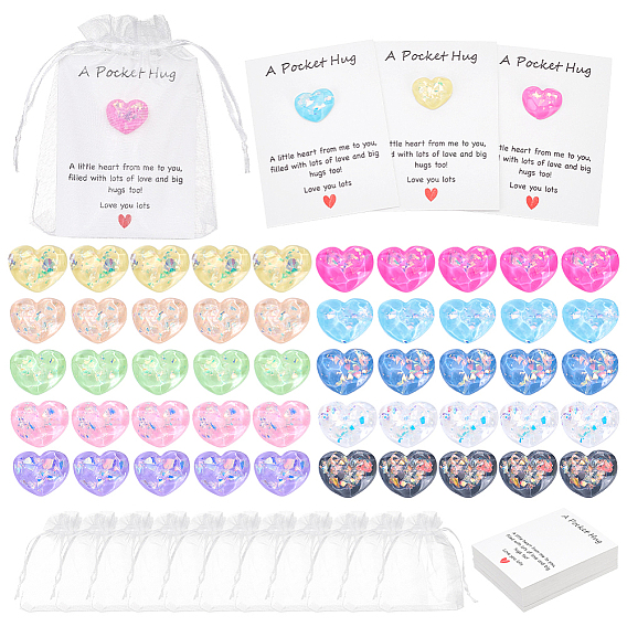 50 pièces 10 cabochons en résine translucide effet vague d'eau, couleur cœur, 50 cartes d'affichage de bijoux en papier pcs, 3feuilles d'autocollants en plastique, 50 sacs-cadeaux en organza
