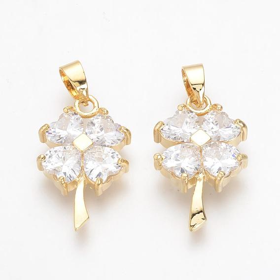 Brass Cubic Zirconia Pendants, Clover, Nickel Free