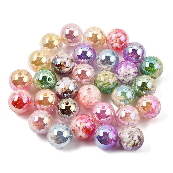 Plating Transparent Resin Beads, Round with Peach Blossom, with Glitter Powder