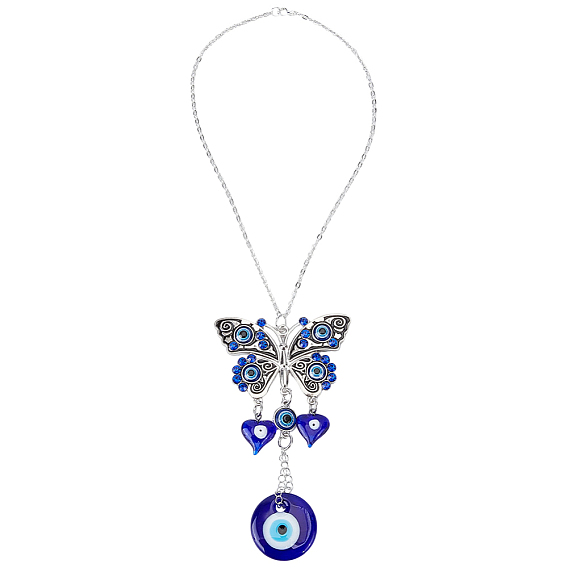 Handmade Lampwork Turkish Evil Eyes Pendant Decorations, Alloy Butterfly Hanging Ornaments