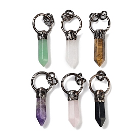 Natural Stone Faceted Pointed Bullet Pendants, Brass Ring Charms with Jump Rings, Red Copper