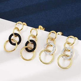 304 серьги-гвоздики из полимерной глины и нержавеющей стали с кольцами, со стразами, ионное покрытие (ip), золотые