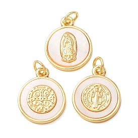 Brass Pendants, with White Shell, Flat Round Charms