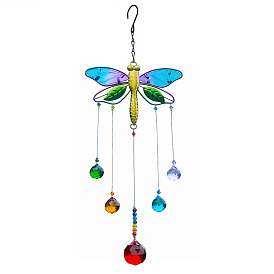 Glass Teardrop Pendant Decoration, with Iron Findings and Alloy Dragonfly Link for Home Garden Decoration