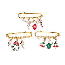 3Pcs 3 Styles Christmas Theme Iron Safety Pin Brooch, Kilt Pins with Alloy Enamel Pendants and Round Shell Pearl Beads