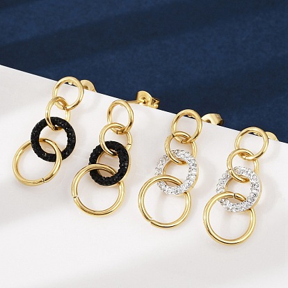 304 серьги-гвоздики из полимерной глины и нержавеющей стали с кольцами, со стразами, ионное покрытие (ip), золотые