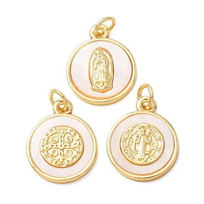 Brass Pendants, with White Shell, Flat Round Charms