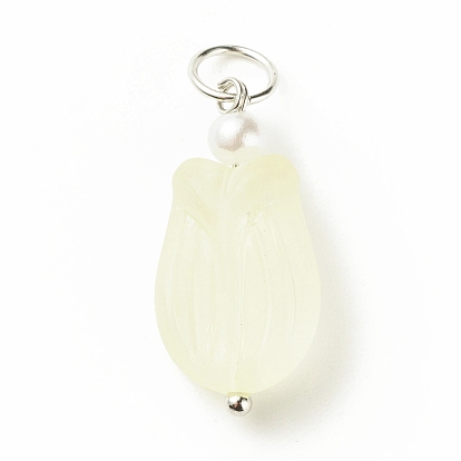 Flower Transparent Acrylic Pendants, Frosted, with ABS Plastic Imitation Pearl and Iron Findings