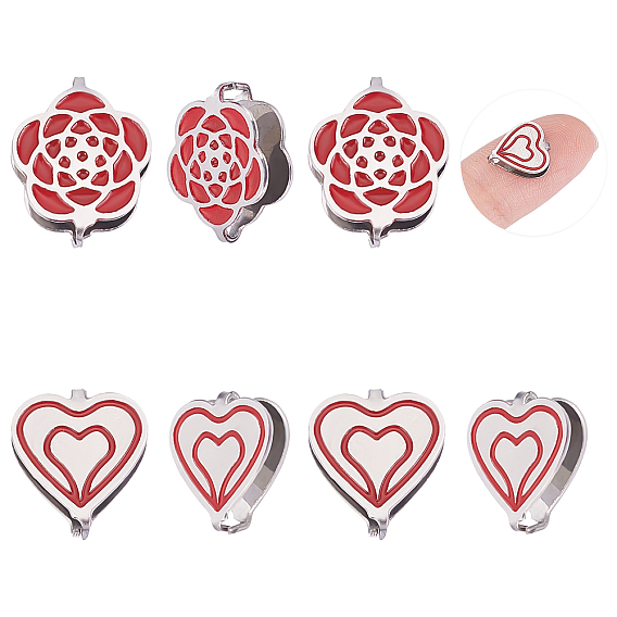 8Pcs 2 Style 304 Stainless Steel Snap on Bails, with Enamel, Plum Blossom & Heart, Red