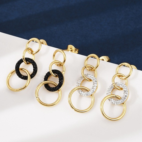 304 серьги-гвоздики из полимерной глины и нержавеющей стали с кольцами, со стразами, ионное покрытие (ip), золотые