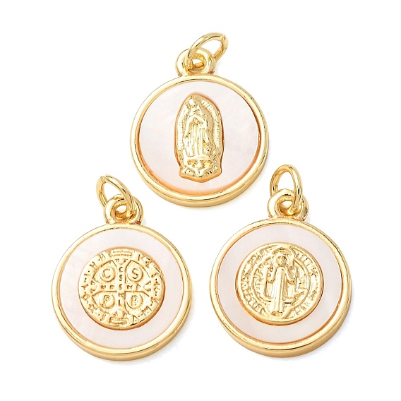 Brass Pendants, with White Shell, Flat Round Charms