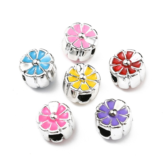 CCB Plastic European Beads, Large Hole Beads, Enamel Style, Flat Round with Flower