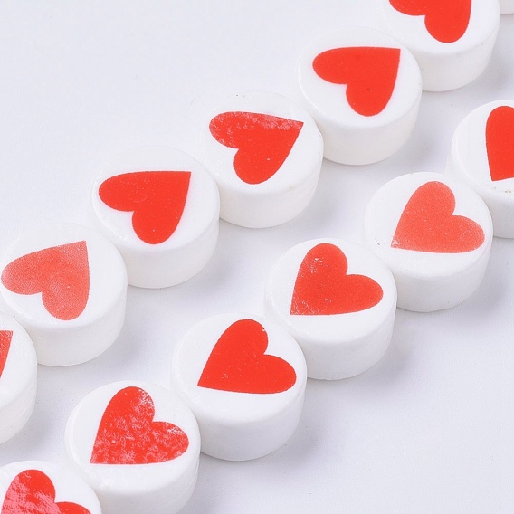 Porcelain Beads, Flat Round with Heart