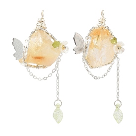 Colgantes grandes envueltos en alambre de cobre de piedras preciosas naturales ásperas y crudas, dijes de pepitas con mariposa de latón, el color plateado de plata