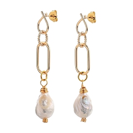 Brass Dangle Stud Earrings, with Ear Nuts, 925 Sterling Silver Pins, Natural Baroque Pearl Keshi Pearl Beads and Cardboard Boxes, Golden