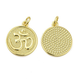 Rack Plating Brass Pendants, with Jump Ring, Long-Lasting Plated, Cadmium Free & Lead Free, Flat Round with Ohm/Aum Charm