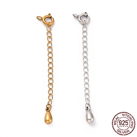 925 Sterling Silver Chain Extenders, with Spring Ring Clasps & Charms, Teardrop