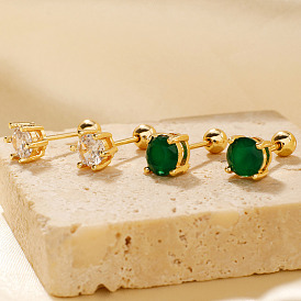 Латунь серьги, со стразами, круглые, золотые