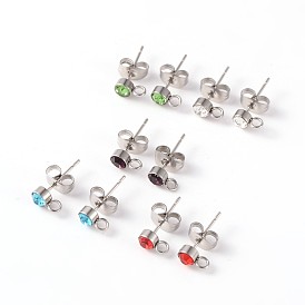 304 Stainless Steel Stud Earring Findings, with Loop, with Rhinestone, 4mm, Hole: 1.8mm, Pin: 0.6mm