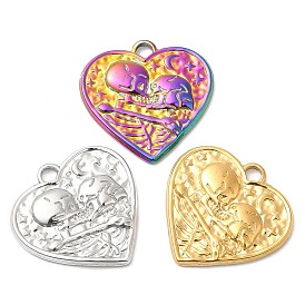 304 Stainless Steel Pendants, Textured, Heart with Skull Charm