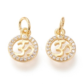 Brass Micro Pave Clear Cubic Zirconia Charms, with Jump Rings, Long-Lasting Plated, Flat Round with Ohm/Aum, Yoga Theme