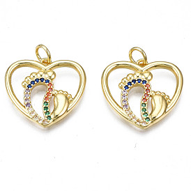 Brass Micro Pave Colorful Cubic Zirconia Pendants, Nickel Free, Heart