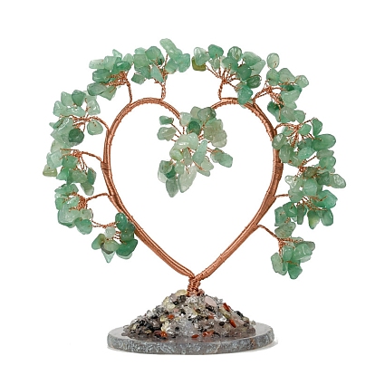 Natural Gemstone Chips Heart Tree Decorations, Copper Wire Feng Shui Energy Stone Gift for Women Men Meditation