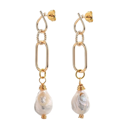 Brass Dangle Stud Earrings, with Ear Nuts, 925 Sterling Silver Pins, Natural Baroque Pearl Keshi Pearl Beads and Cardboard Boxes, Golden