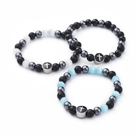 Women Stretch Bracelets, with Cat Eye, Natural Agate, Non-Magnetic Synthetic Hematite and 304 Stainless Steel Enamel Beads, with Burlap Bags