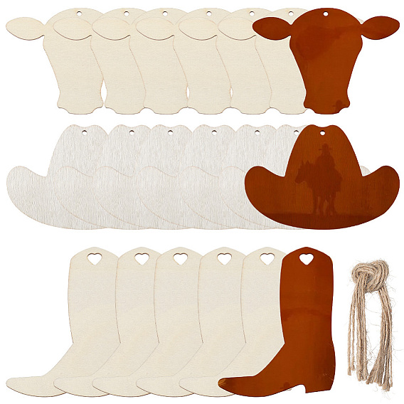 30 шт. 3 стили ковбойские мальчики незаконченные деревянные подвески, с 30шт. веревкой, разнообразные