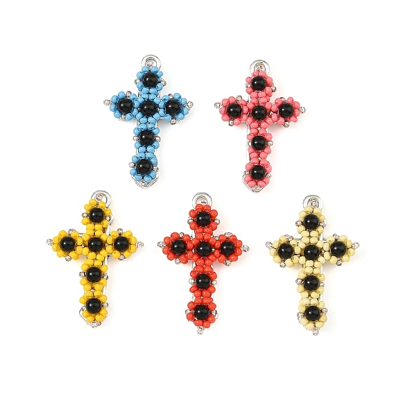 Natural Black Onyx(Dyed & Heated) & Glass Seed Beaded Pendants, Alloy Religion Cross Charms, Platinum