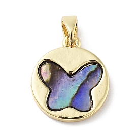 Natural Paua Shell Butterfly Pendants, Brass Flat Round Charms