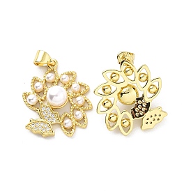 Brass Clear Cubic Zirconia Pendants, with ABS Plastic Imitation Pearl, Flower & Butterfly Charm